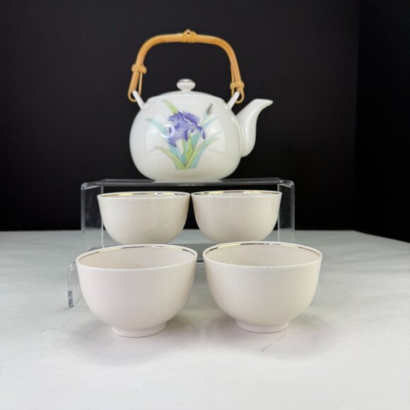 Vintage Otagiri Iris Bouquet Teapot & 4 Cups Set Ceramic Bamboo Handle - Picture 3 of 13